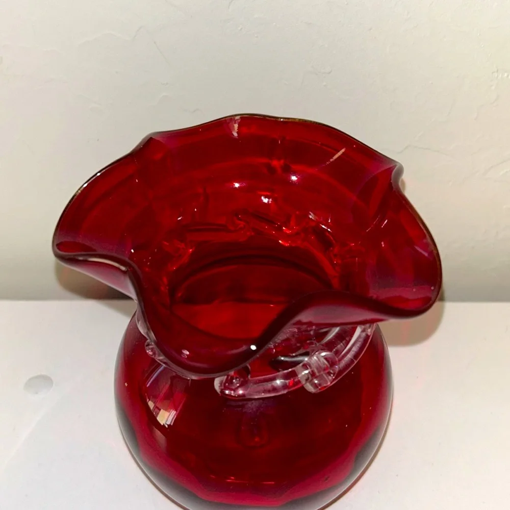 Viking Glass Ruby Red and Clear Ruffle Top Bud Glass Vase Marked